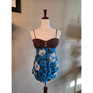 Edge Y2K Blue Brown Floral Babydoll Spaghetti Strap Tank Top